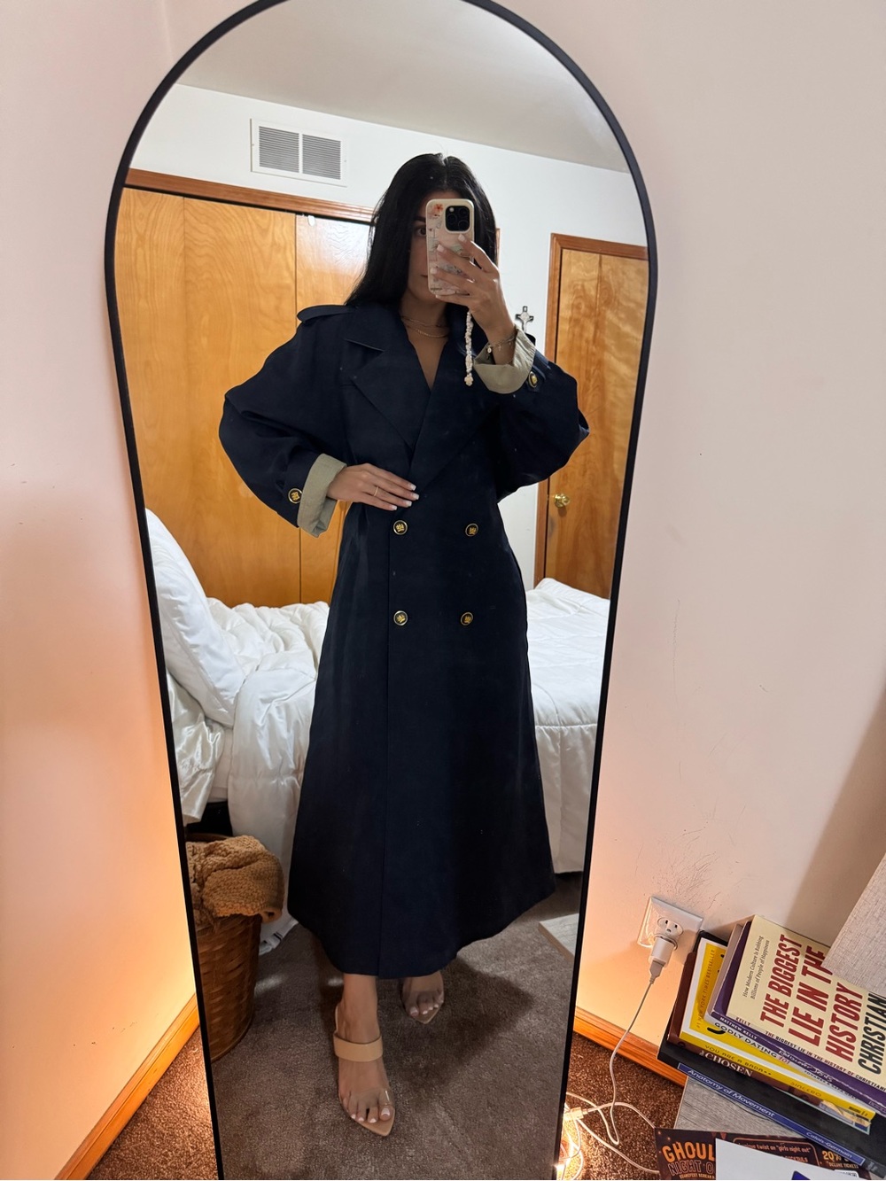Classic Double-Breasted Long Navy Trench Coat with GHW